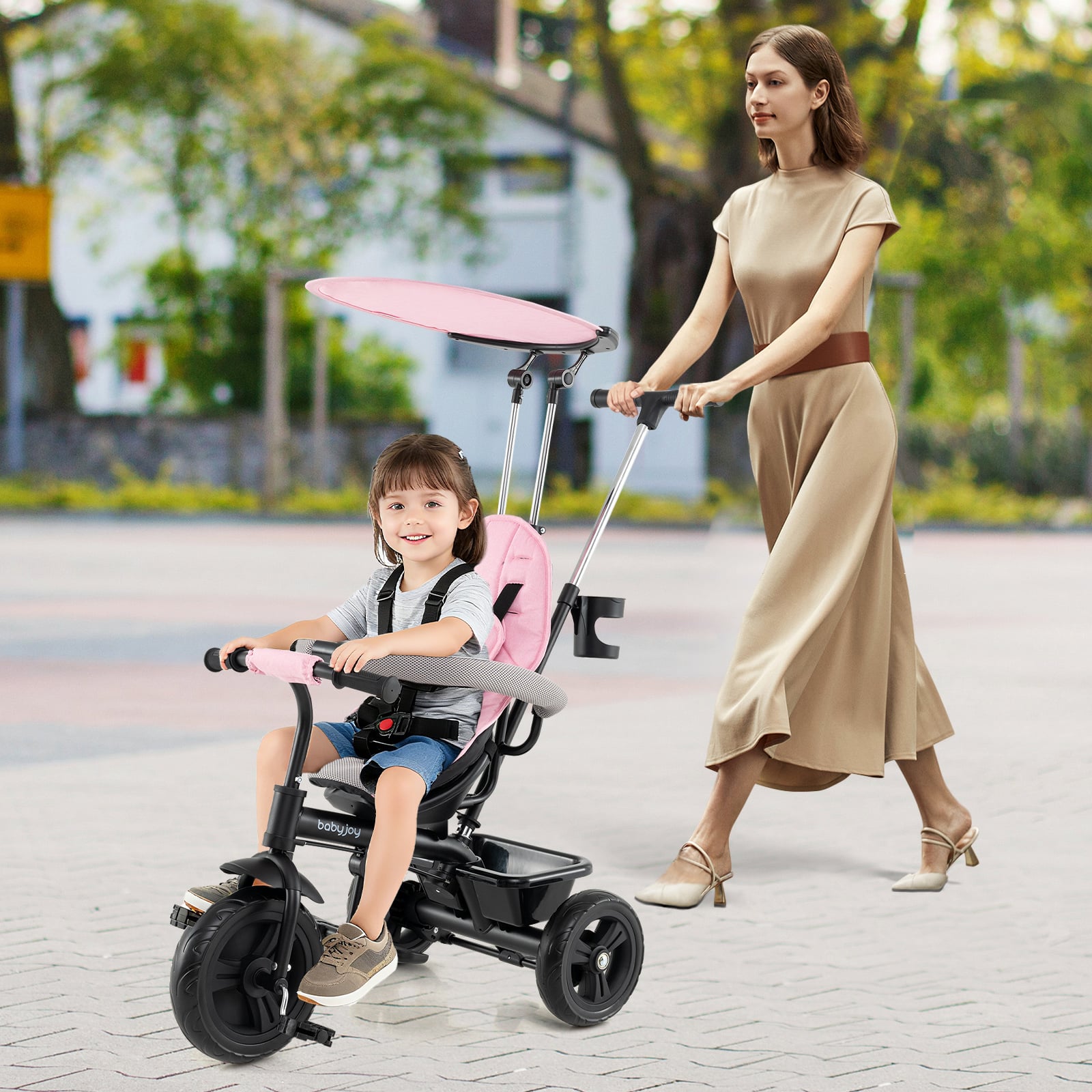 7-In-1 Baby Stroller Tricycle, Adjustable Canopy, Foldable Footrests, Ages 9-60 Months, Pink Baby Strollers at Gallery Canada