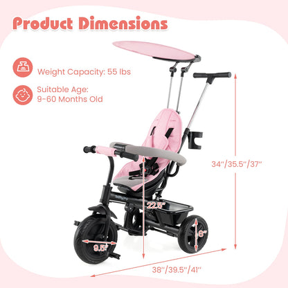 7-In-1 Baby Stroller Tricycle, Adjustable Canopy, Foldable Footrests, Ages 9-60 Months, Pink Baby Strollers at Gallery Canada