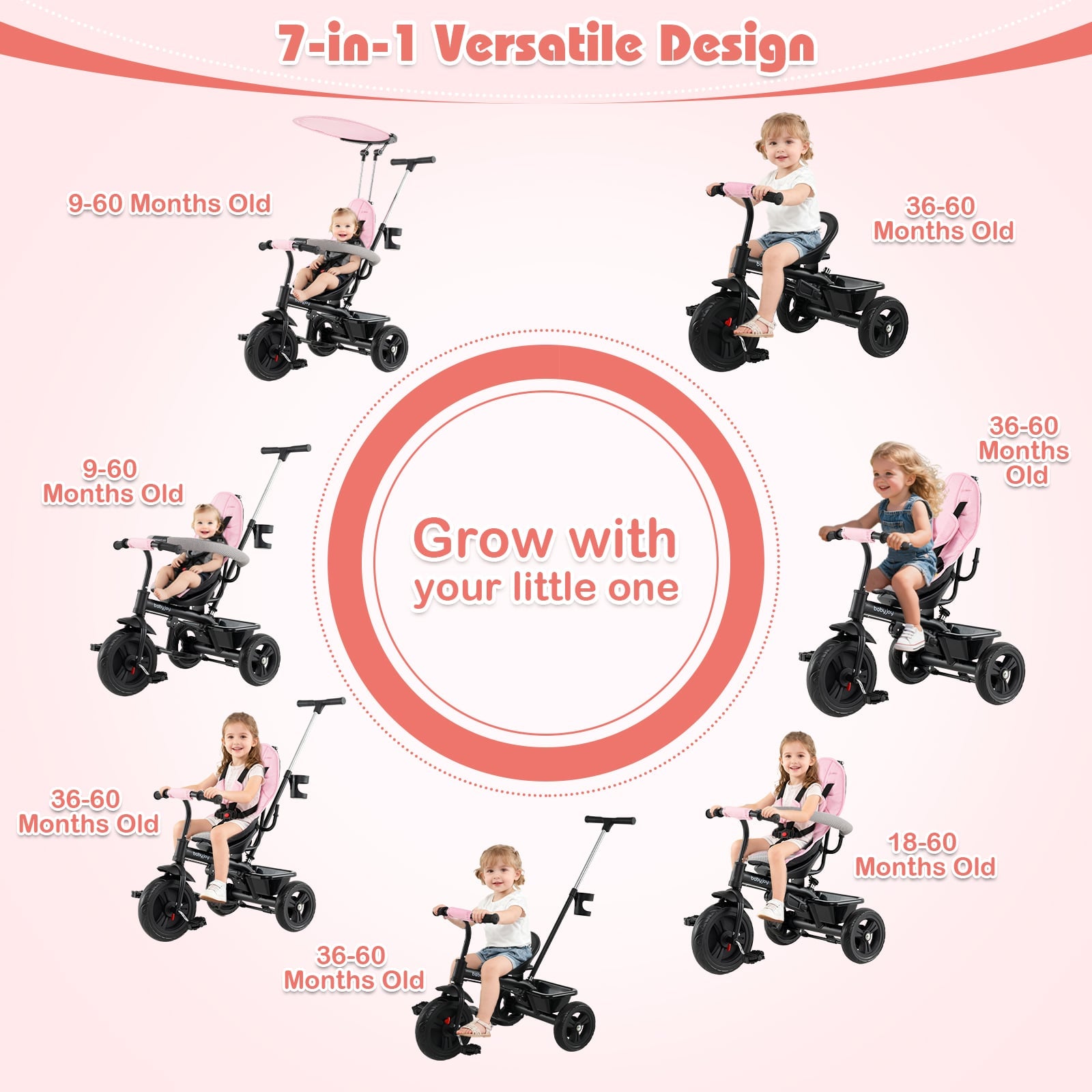 7-In-1 Baby Stroller Tricycle, Adjustable Canopy, Foldable Footrests, Ages 9-60 Months, Pink Baby Strollers at Gallery Canada