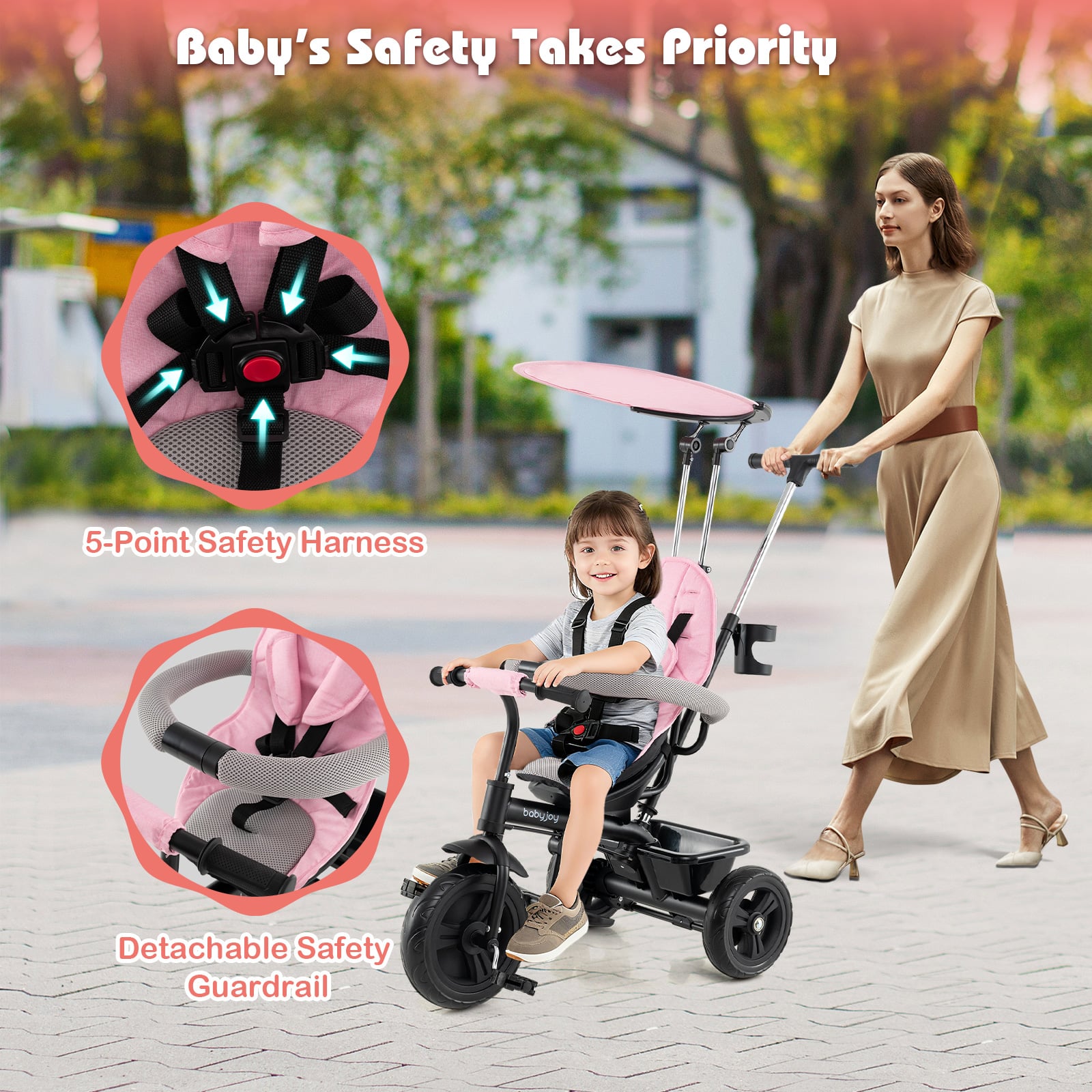 7-In-1 Baby Stroller Tricycle, Adjustable Canopy, Foldable Footrests, Ages 9-60 Months, Pink Baby Strollers at Gallery Canada