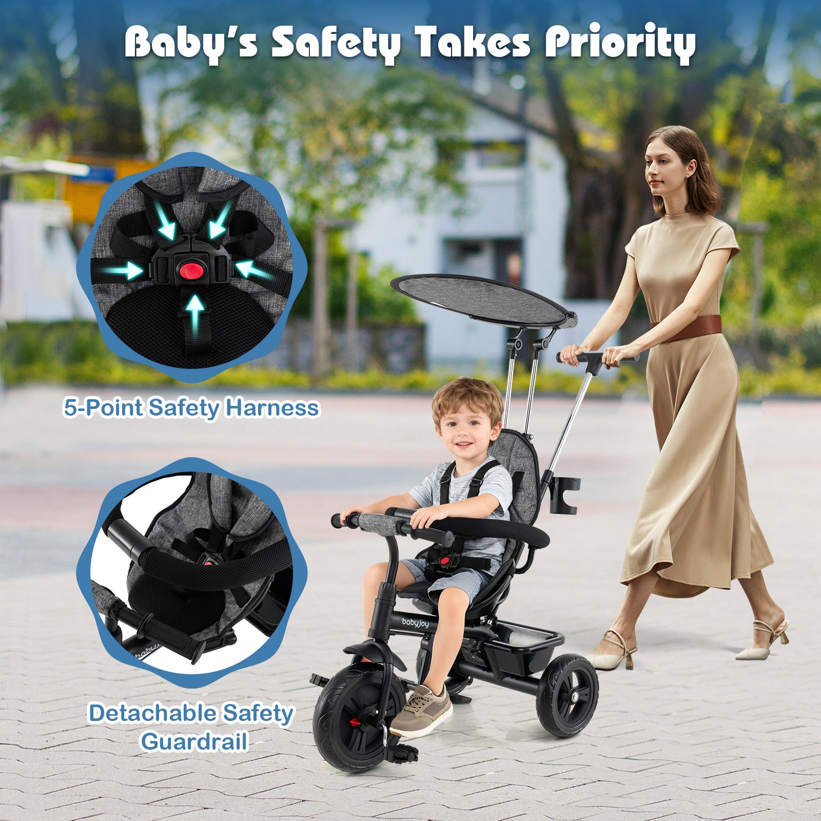 7-in-1 Baby Stroller Tricycle, Adjustable Canopy, Foldable Footrests, Gray Baby Strollers at Gallery Canada
