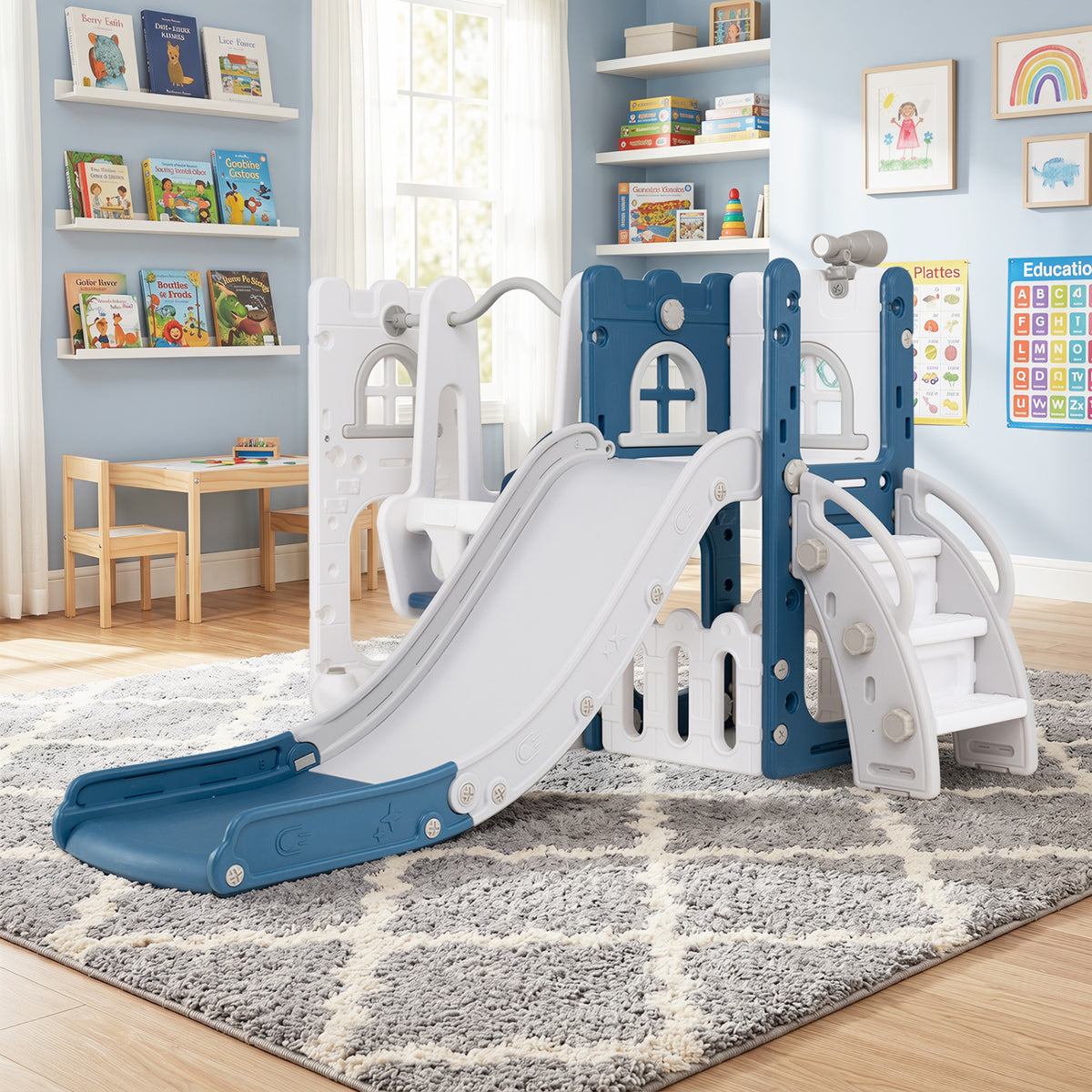 7-in-1 Toddler Swing and Slide Set L-shaped, Blue Climbers & Slides at Gallery Canada