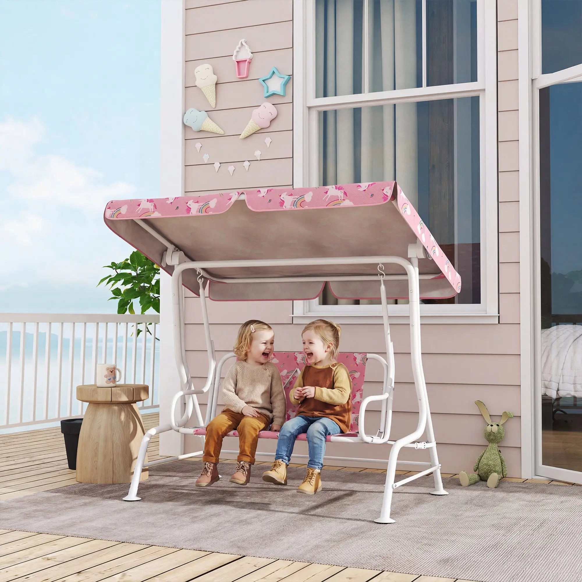 Kids Porch Swing, 2-Seater Bench With Safety Belts, Adjustable Canopy, Pink Gym Sets & Swings at Gallery Canada