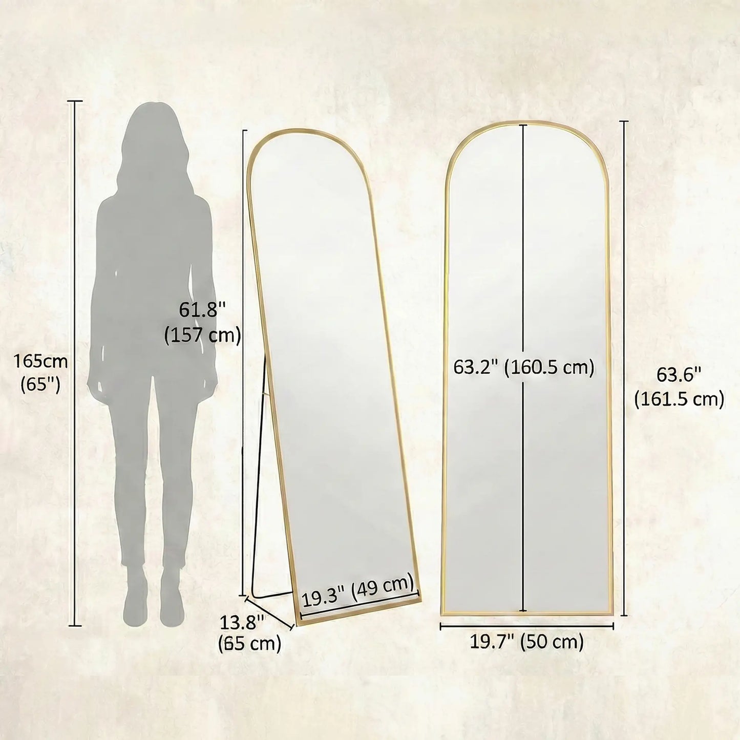 Arched Standing Mirror, 64" x 20", Full Length, Wall Mountable, Gold Full Length Mirrors at Gallery Canada