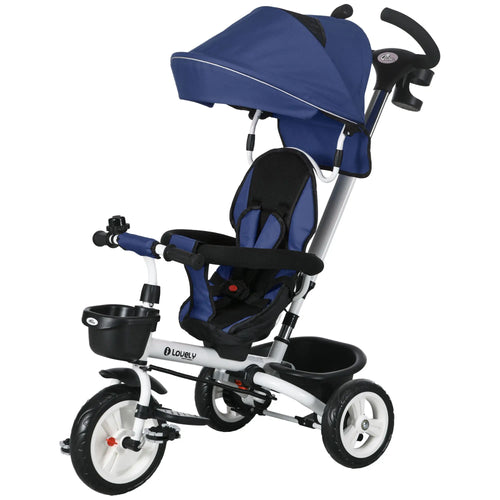 6 in 1 Toddler Tricycle, Parent Push Handle, Canopy, Storage Baskets, Dark Blue
