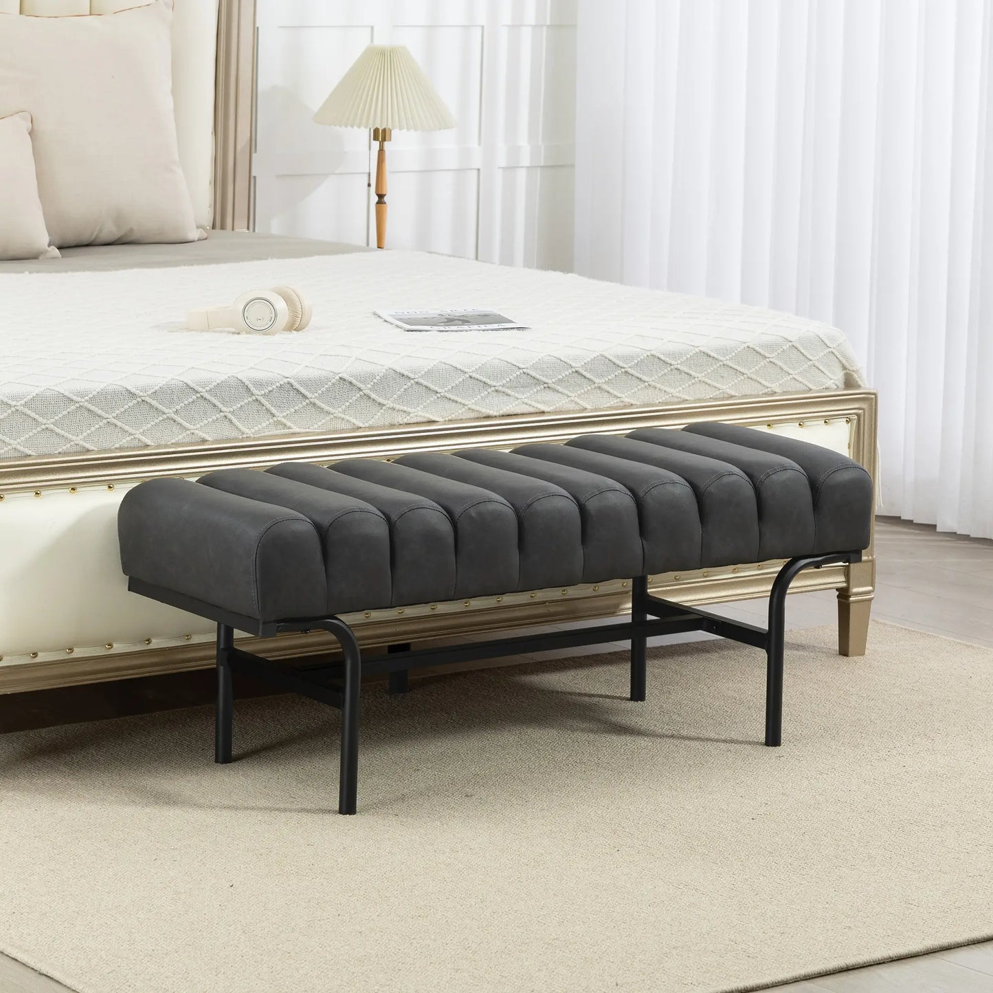 PU Leather Bedroom Bench, Cylindrical Seat, Metal Legs, Black Storage Ottomans & Benches at Gallery Canada