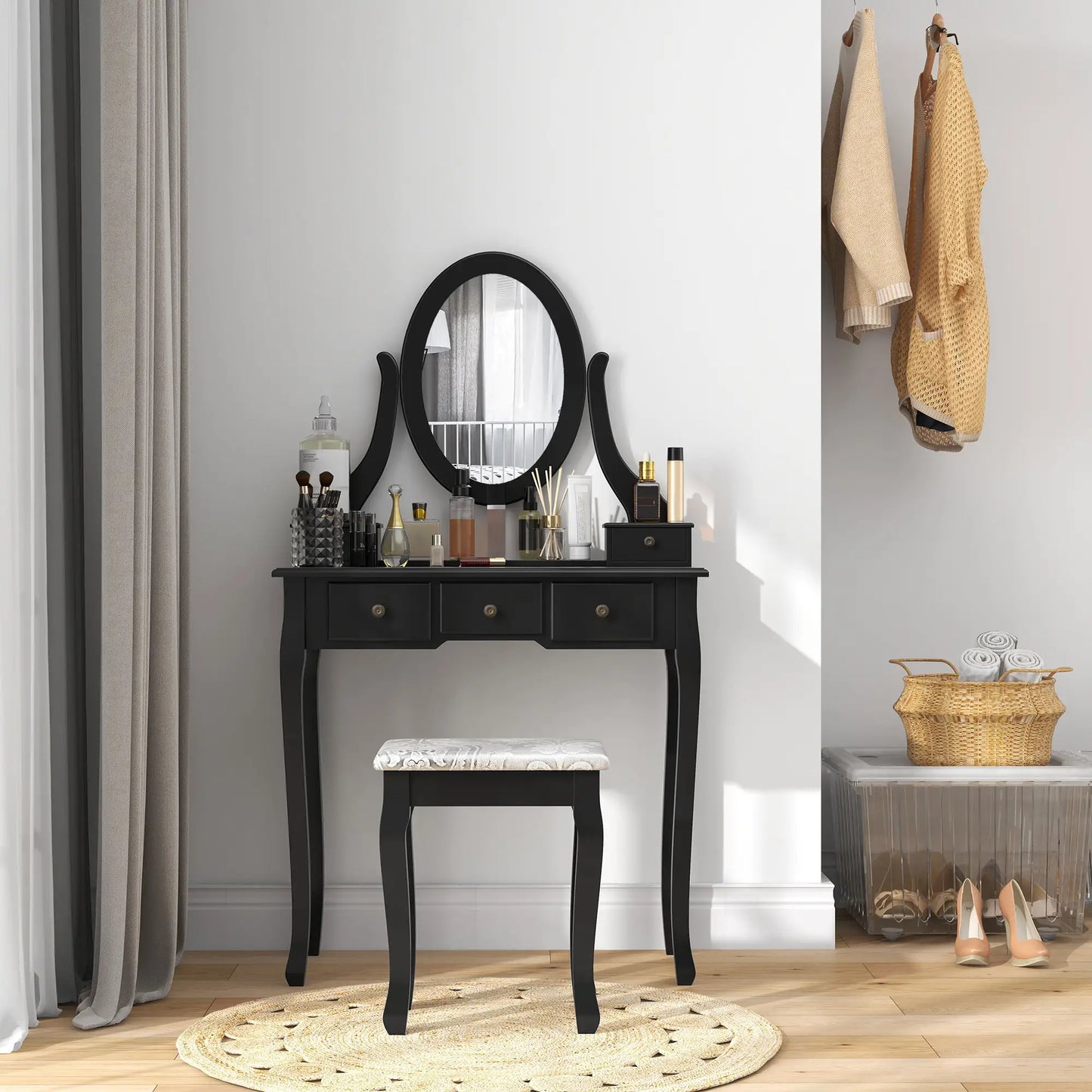 Wooden Vanity Table, 360° Rotating Oval Mirror, 5 Drawers, Padded Stool, Black Dressing & Vanity Tables at Gallery Canada