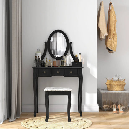 Wooden Vanity Table, 360° Rotating Oval Mirror, 5 Drawers, Padded Stool, Black Dressing & Vanity Tables at Gallery Canada