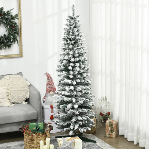 6ft Pencil Artificial Christmas Tree, Snow Flocked Branches, Green