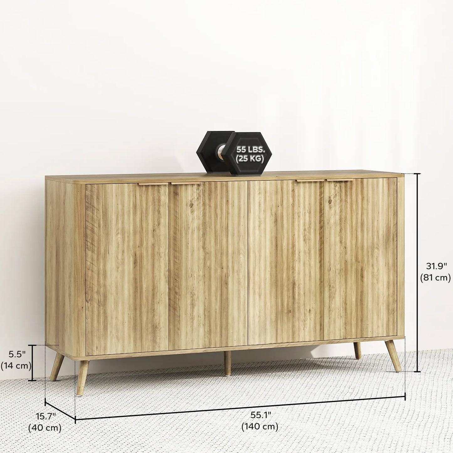55" Modern Buffet Cabinet, 4 Fluted Doors, 2 Adjustable Shelves, White Storage Cabinets at Gallery Canada