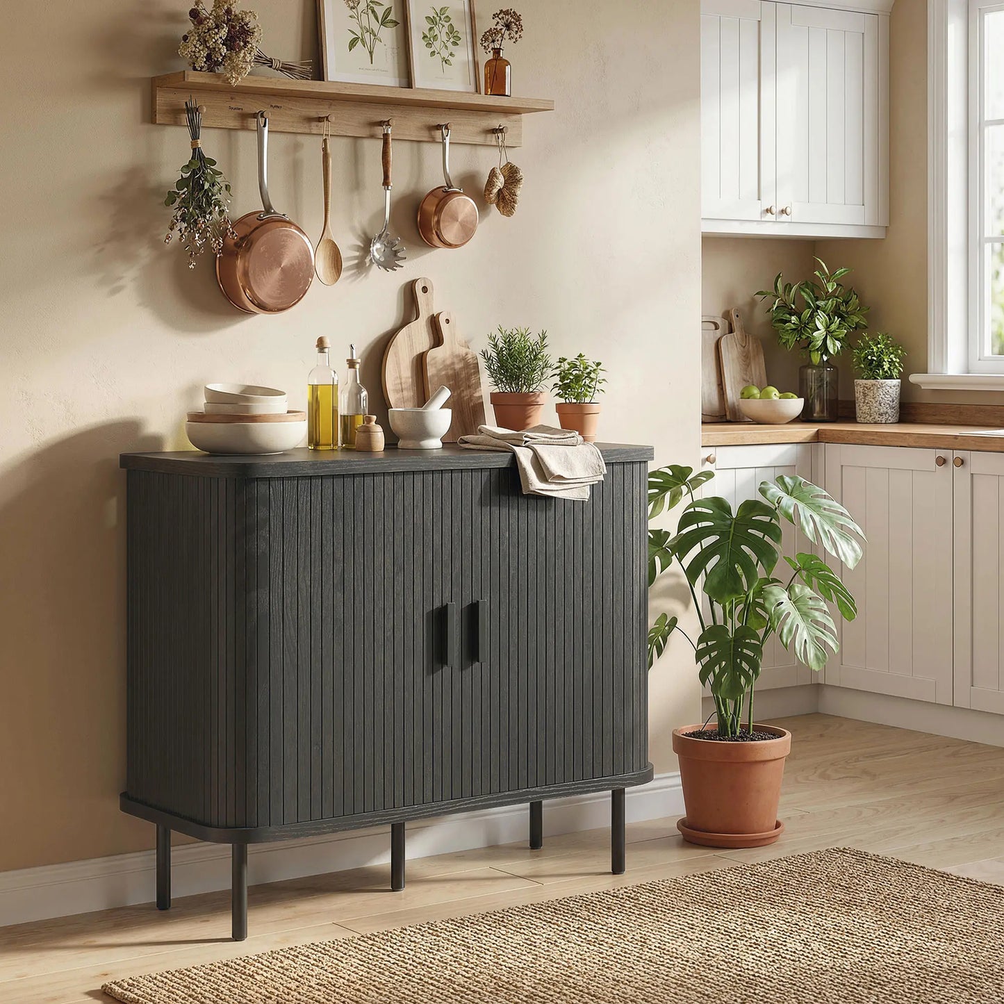 35.4" Sideboard Buffet Cabinet, Slatted Tambour Doors, Metal Legs, Black Storage Cabinets at Gallery Canada