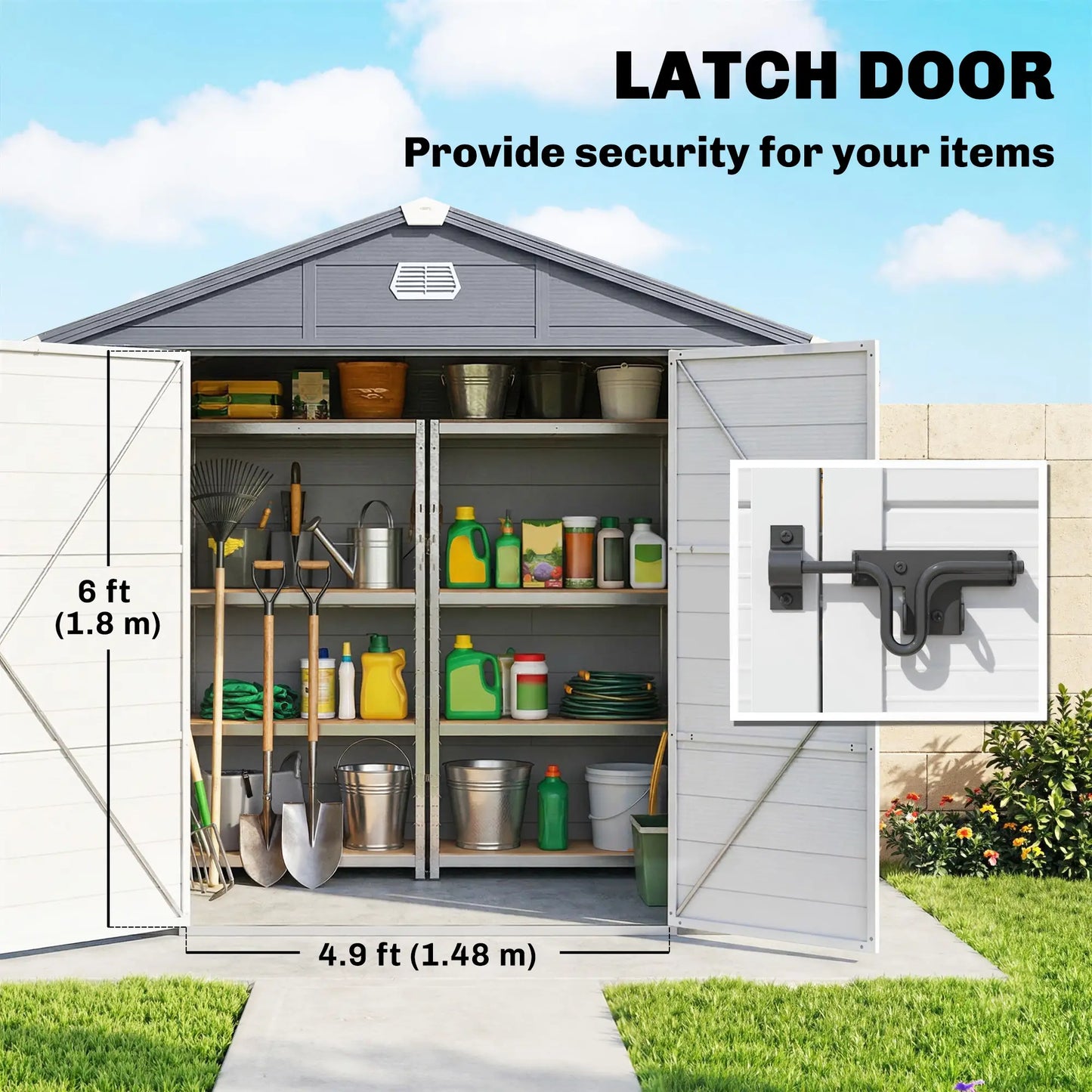 Small Garden Shed, Latch Door, Vents, Sloped Roof, 8x6, Light Grey Sheds at Gallery Canada