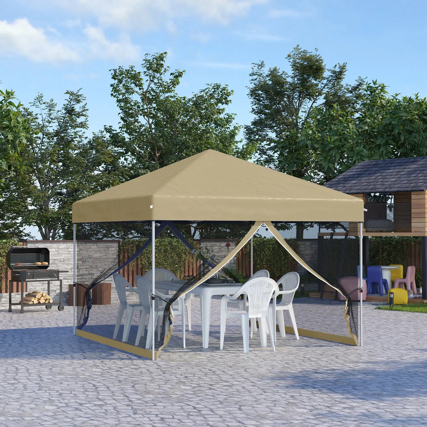 10' x 10' Pop-Up Party Tent, UPF50+ Outdoor Canopy, Mesh Sidewalls, Khaki Pop Up Canopies at Gallery Canada