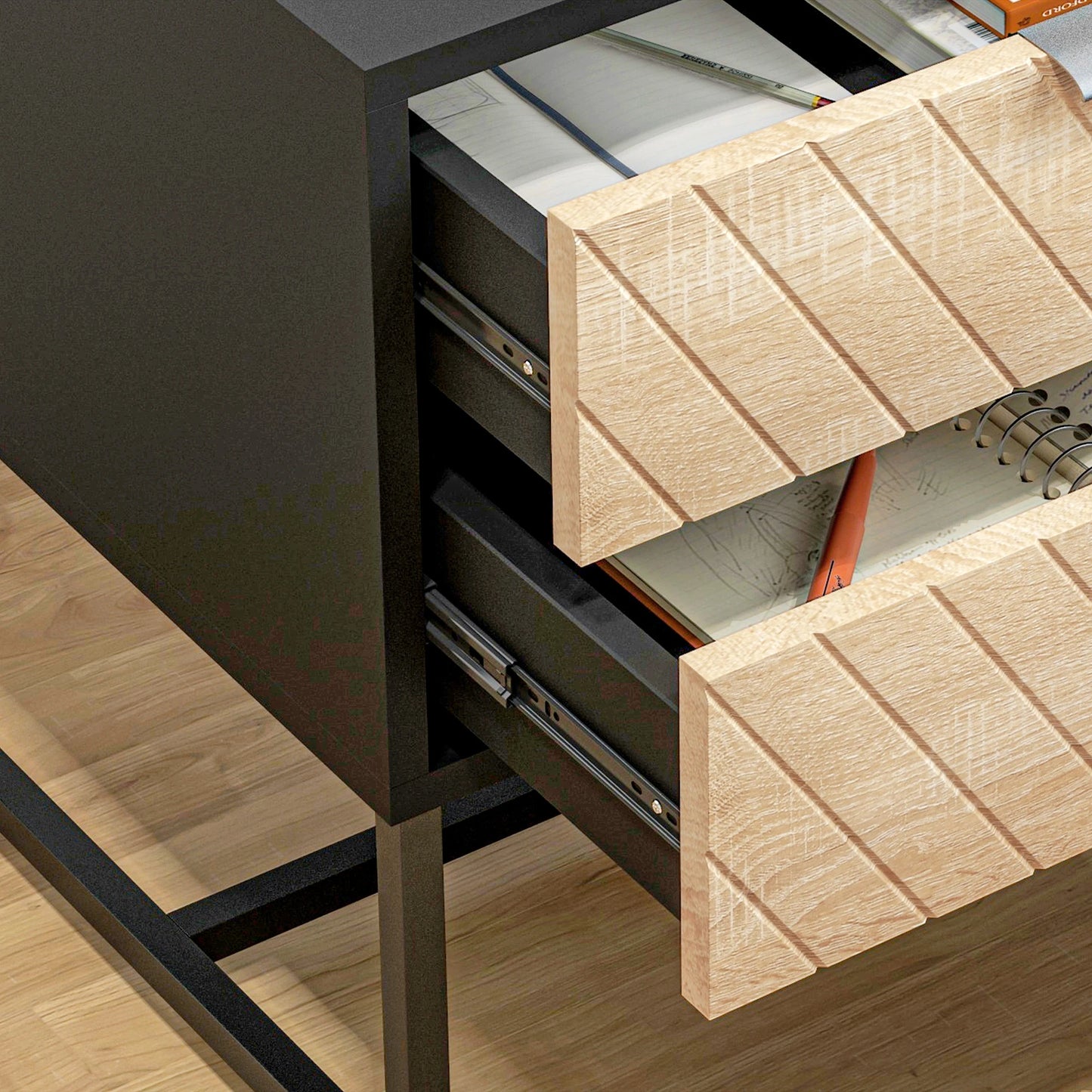 Modern Bedside Table, 2 Drawers, Steel Frame, Oak, Black Bedside Tables at Gallery Canada