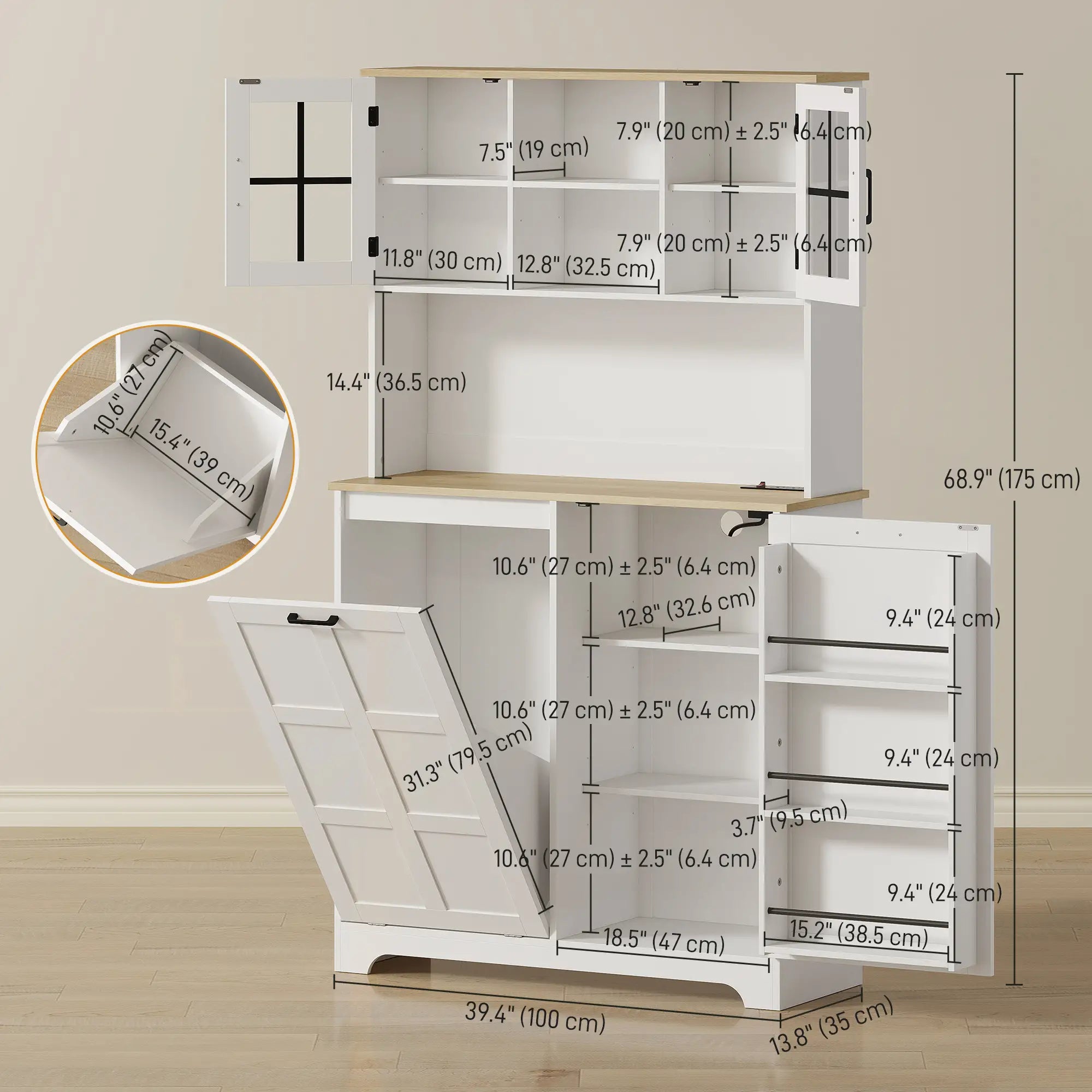Kitchen Pantry Cabinet, 7 Gallon Trash Can, Adjustable Shelves, White Kitchen Pantry Cabinets at Gallery Canada