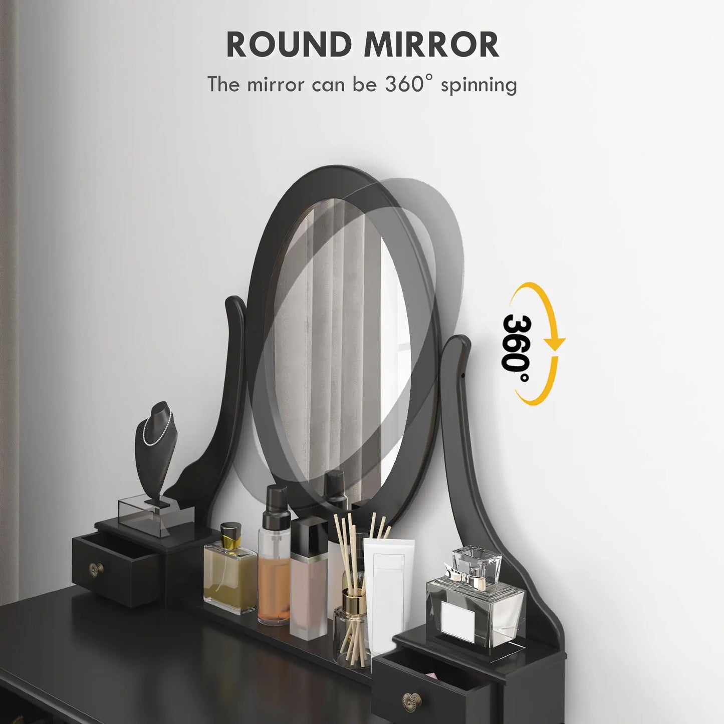 Wooden Vanity Table, 360° Rotating Oval Mirror, 5 Drawers, Padded Stool, Black Dressing & Vanity Tables at Gallery Canada
