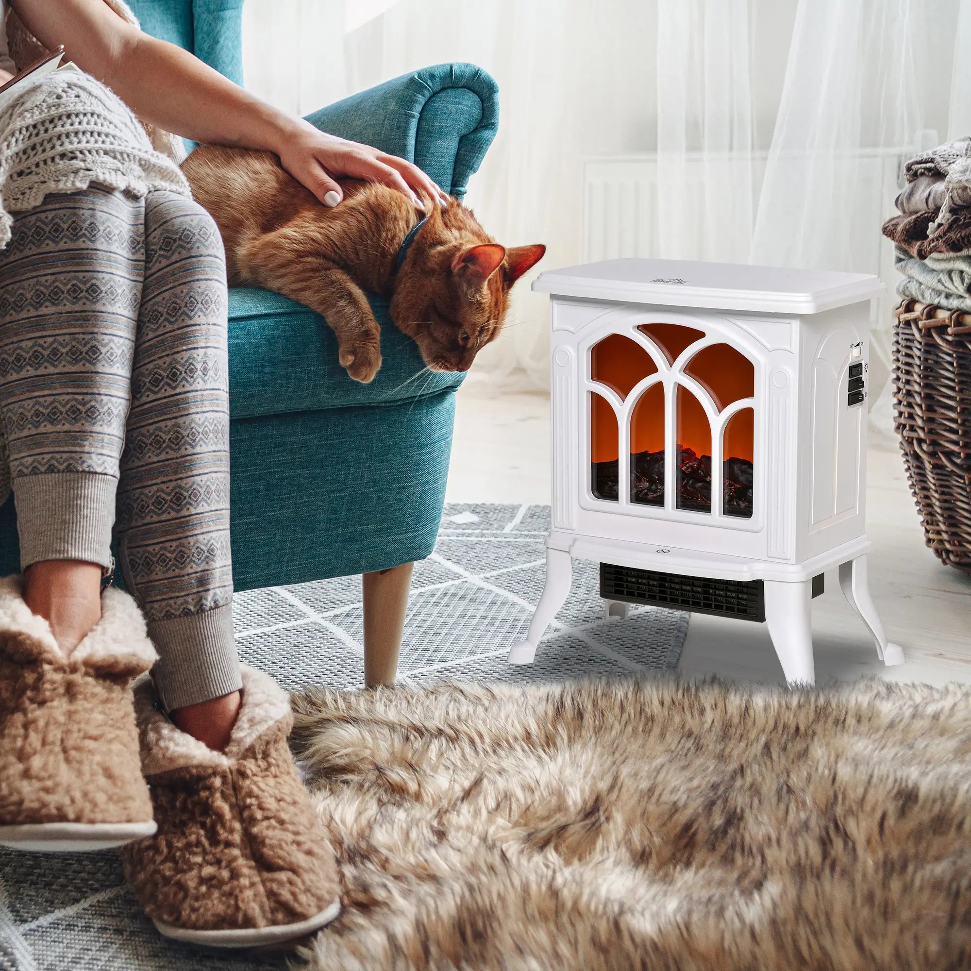 Electric Fireplace Heater, Freestanding, Realistic Flame, Overheat Protection, 750W/1500W, White Electric Fireplaces at Gallery Canada