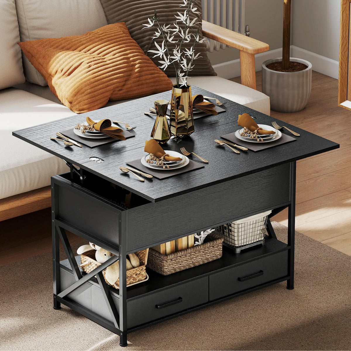 Modern Lift Top Coffee Table, Fabric Drawers, Hidden Storage, Distressed Black Coffee Tables at Gallery Canada