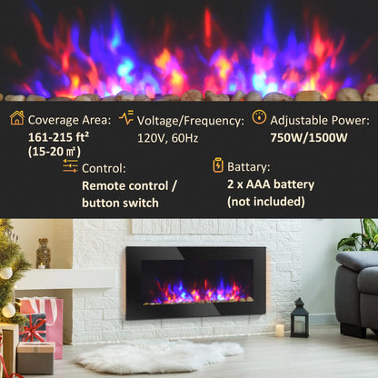 36" Wall-Mounted Electric Fireplace, 750/1500W, Flame Effect, 7 Color Light, Black Electric Fireplaces at Gallery Canada
