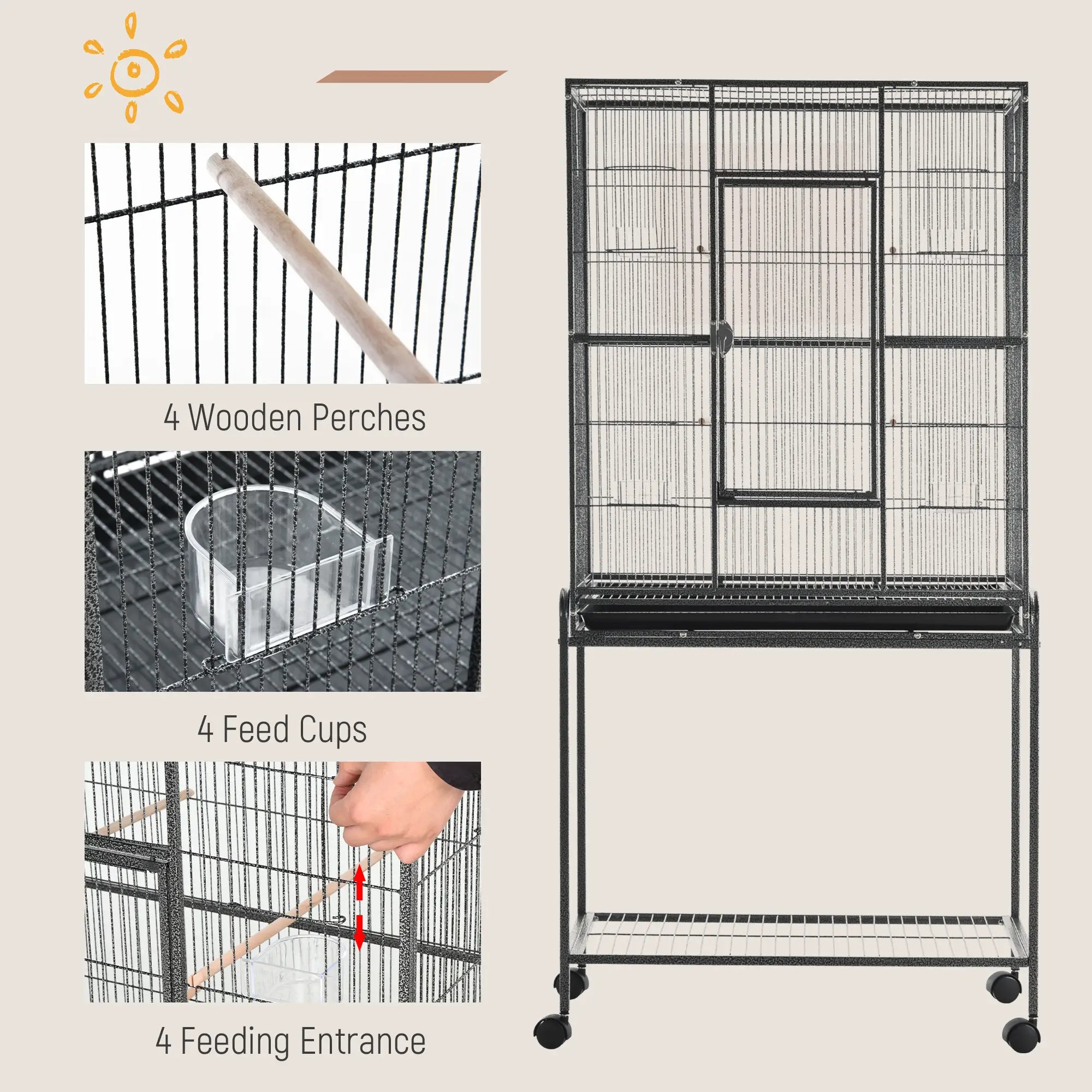 30'' Large Rolling Metal Bird Cage, Detachable Stand, Storage Shelf, Black Bird Cages at Gallery Canada