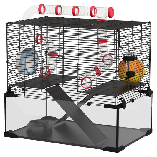 Hamster Cage, Deep Glass Bottom, Tunnel Tube, Platforms, Hut, Wheel, Water Bottle, 24" x 16" x 22" Hamster Cages Black at Gallery Canada