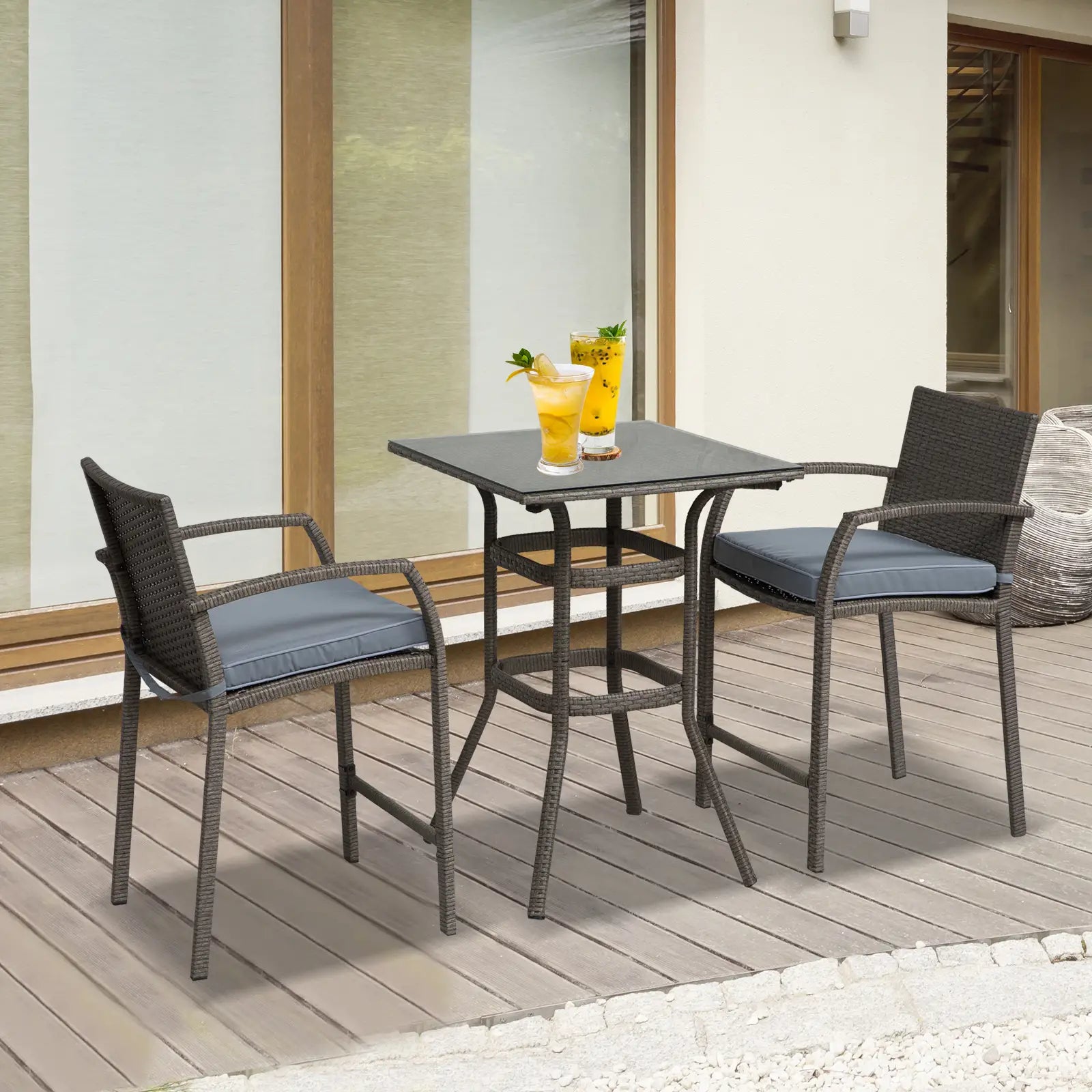Wicker Patio Bar Set with Stools and Cushion, Grey Bistro Sets at Gallery Canada