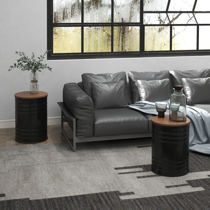 Round Side Table Set of 2, Nesting Coffee Tables, Wooden Lid, Metal Frame, Black Side Tables at Gallery Canada