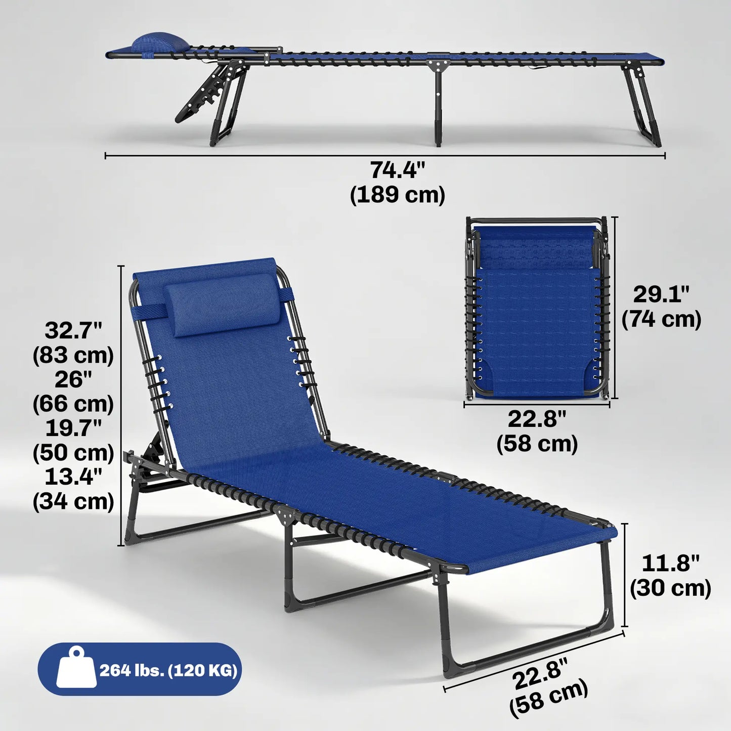 Outdoor Folding Lounge Chair, 4-Level Adjustable, Navy Blue Lounger Chairs at Gallery Canada