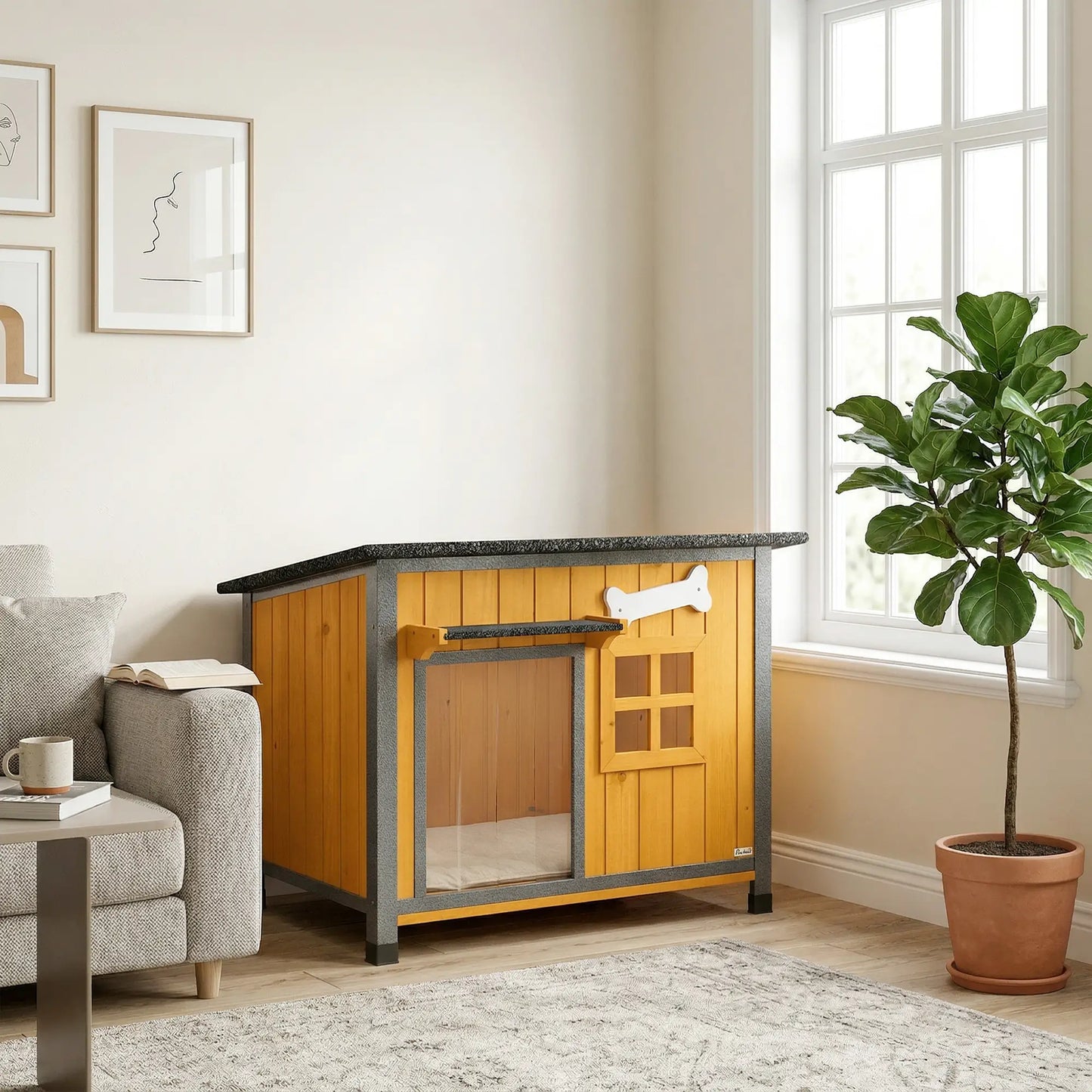 Outdoor Dog House, Anti-Chewing Steel Frame, Openable Roof, Removable Floor, Door Curtain, Yellow Dog Cages & Crates at Gallery Canada