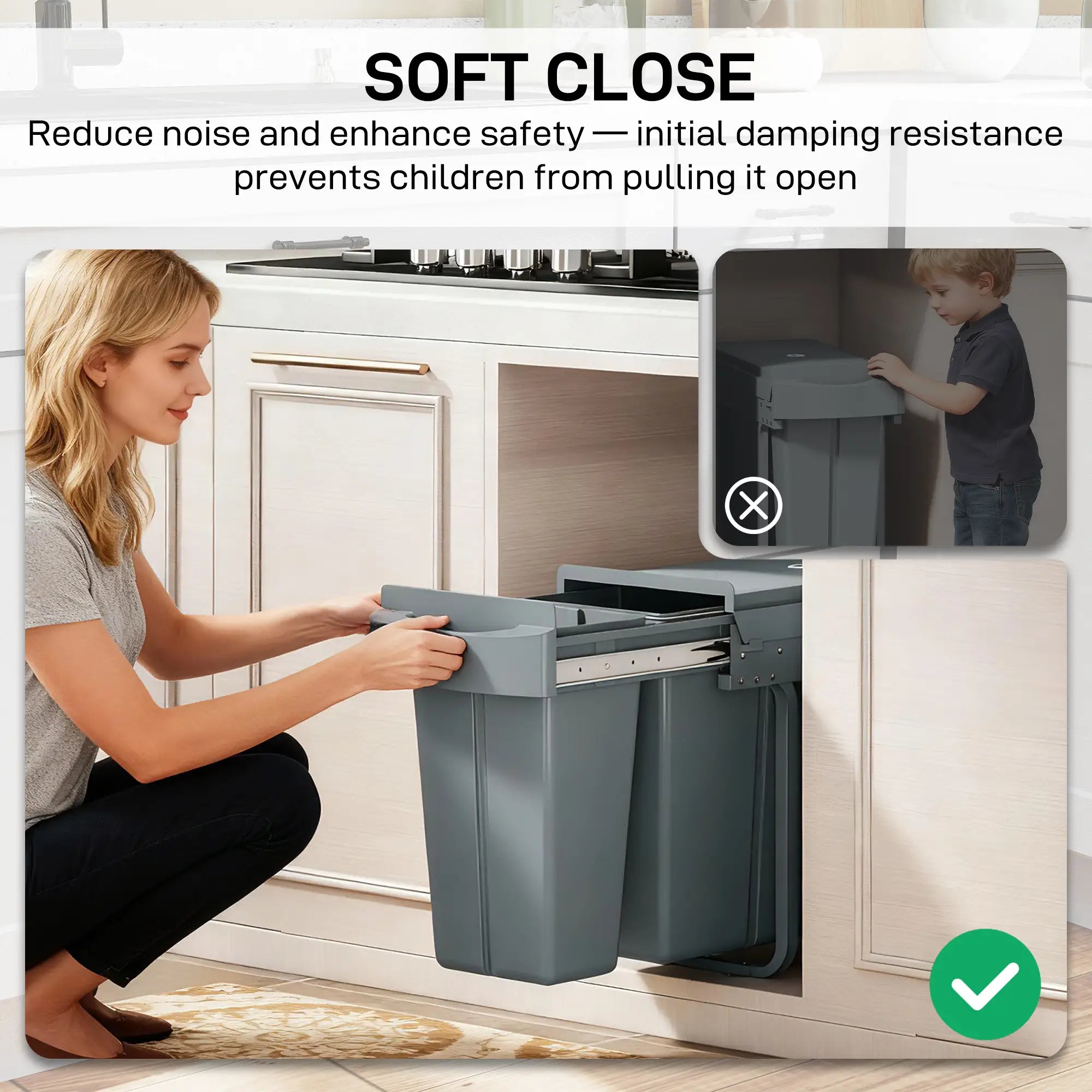 Pull Out Garbage Bin for Kitchen, 30L Under Sink Garbage Can, 2 Removable Compartments, Grey Household Supplies at Gallery Canada