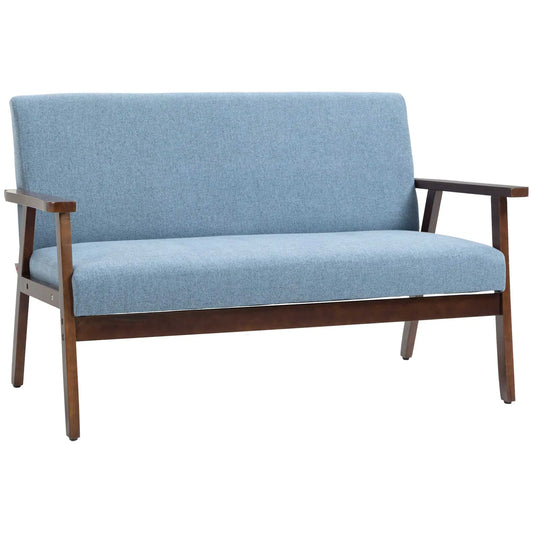 Compact Loveseat Sofa, Linen Fabric, Rubber Wood Legs, Blue