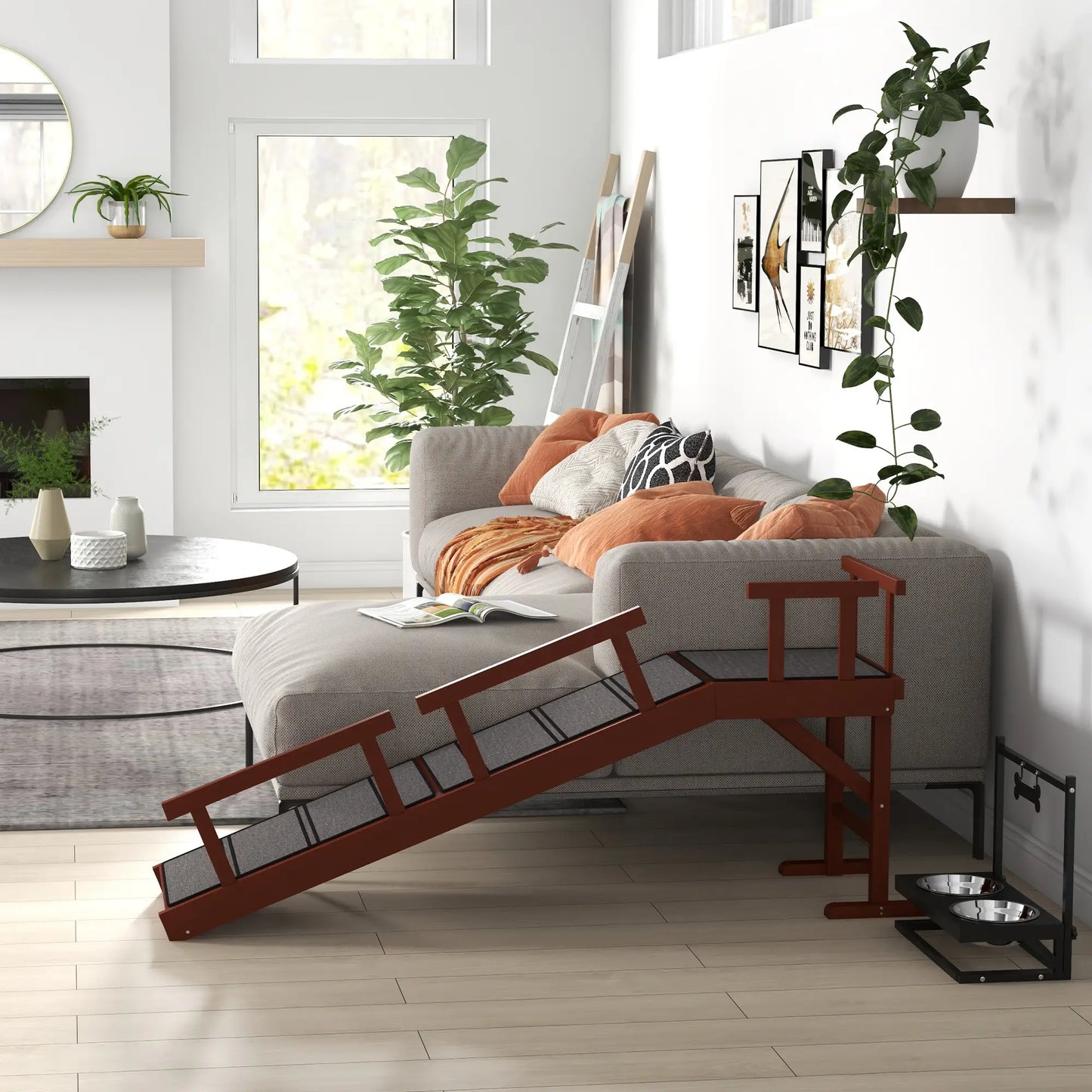 Wooden Dog Ramp, 60" Long, Non-Slip Rug, Removable Guardrails, Brown Dog Stairs at Gallery Canada