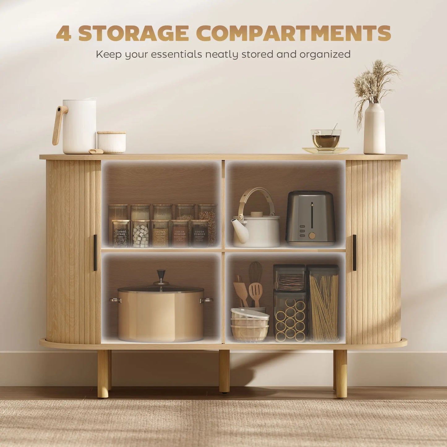 47" Buffet Cabinet, Fluted Sideboard with Sliding Doors, Oak, Oak Storage Cabinets at Gallery Canada