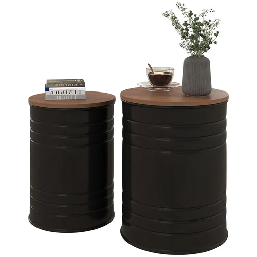 Round Side Table Set of 2, Nesting Coffee Tables, Wooden Lid, Metal Frame, Black