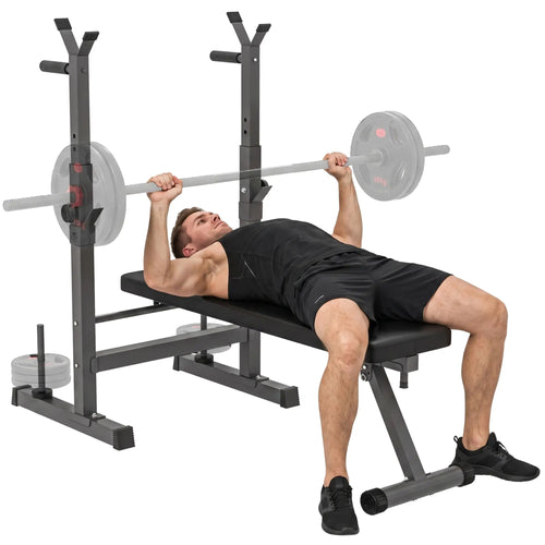 Adjustable Weight Bench, Foldable with Barbell Rack, Dip Station, Black and Grey