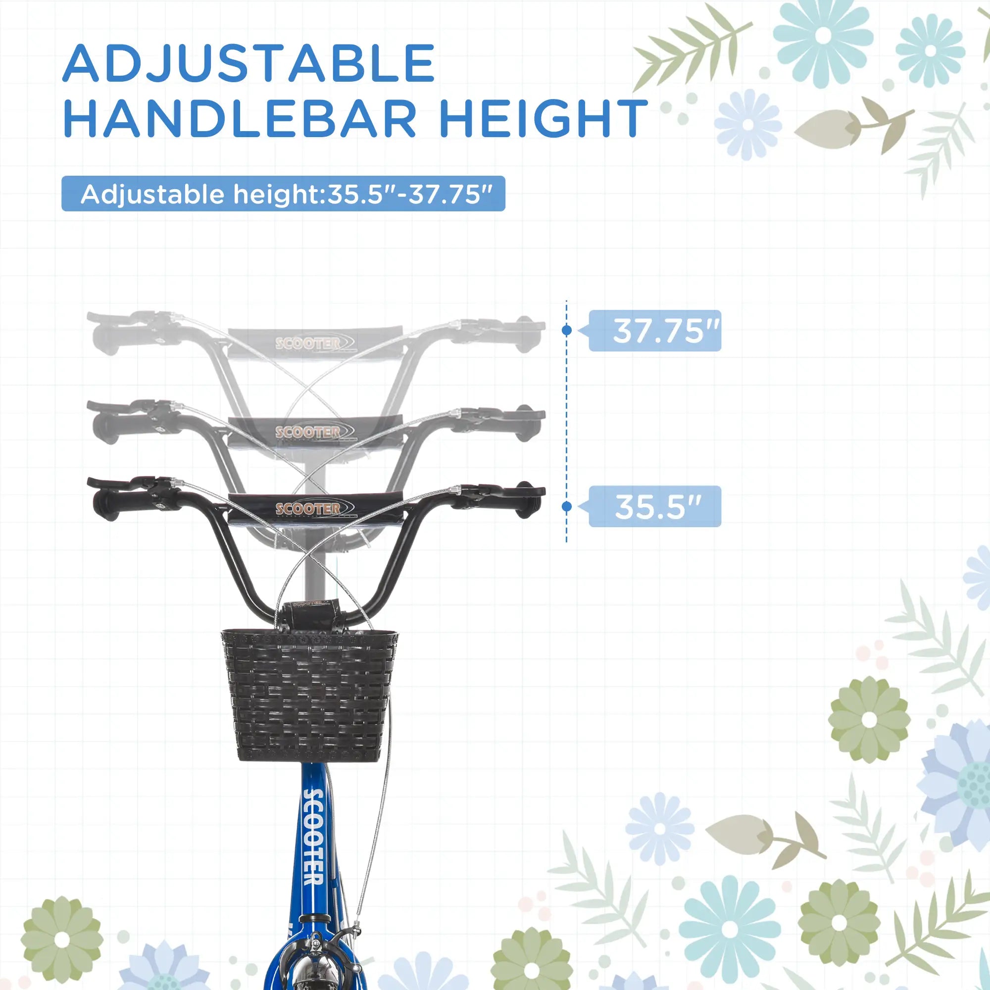 Kids Kick Scooter, Adjustable Handlebar, 2 Brakes, Basket, Cupholder, 16