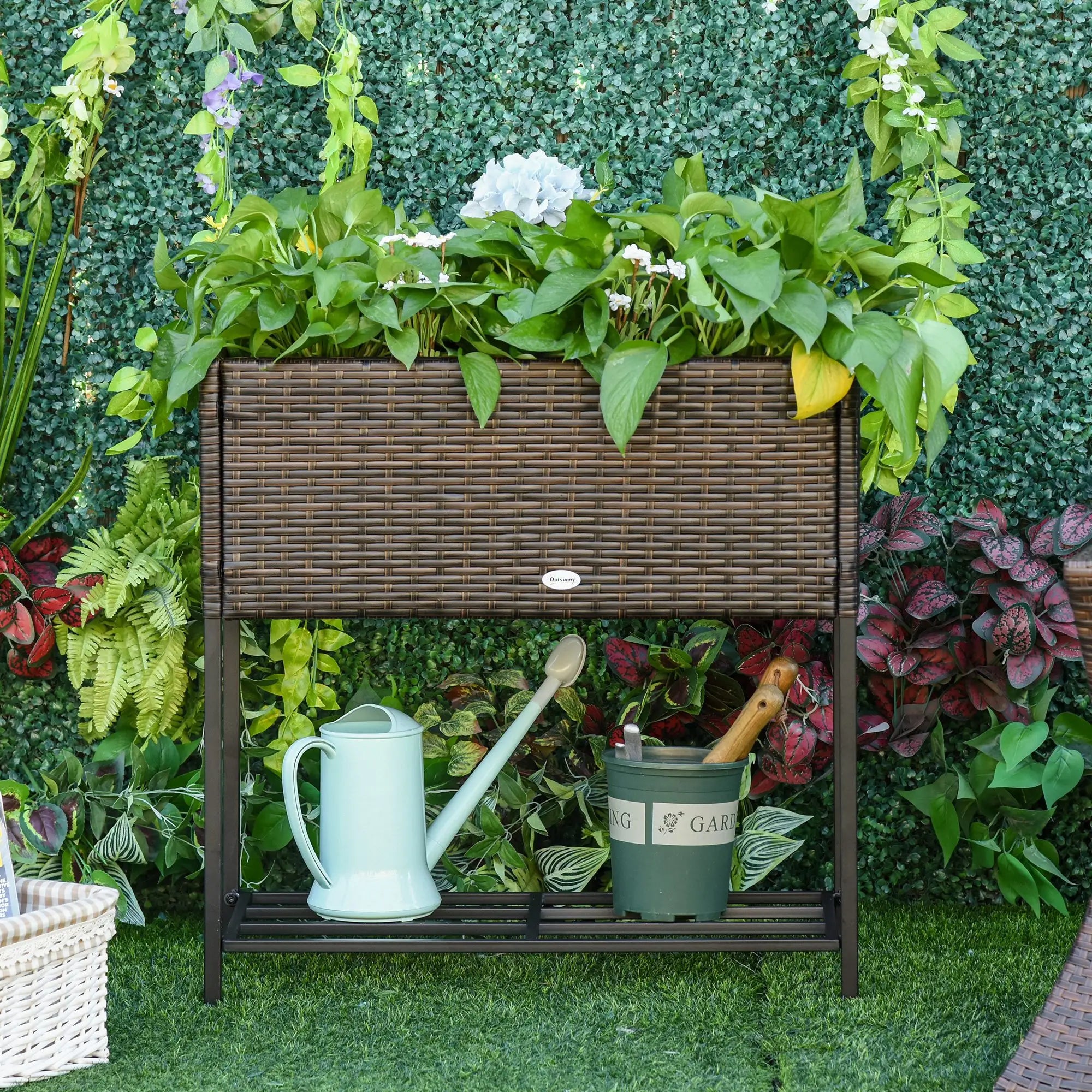 Rattan Raised Garden Box, Elevated Flower Bed with Shelf, Brown Plant Stands at Gallery Canada