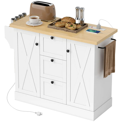 Farmhouse Kitchen Island Cart with Power Outlet, 49 Inch, White