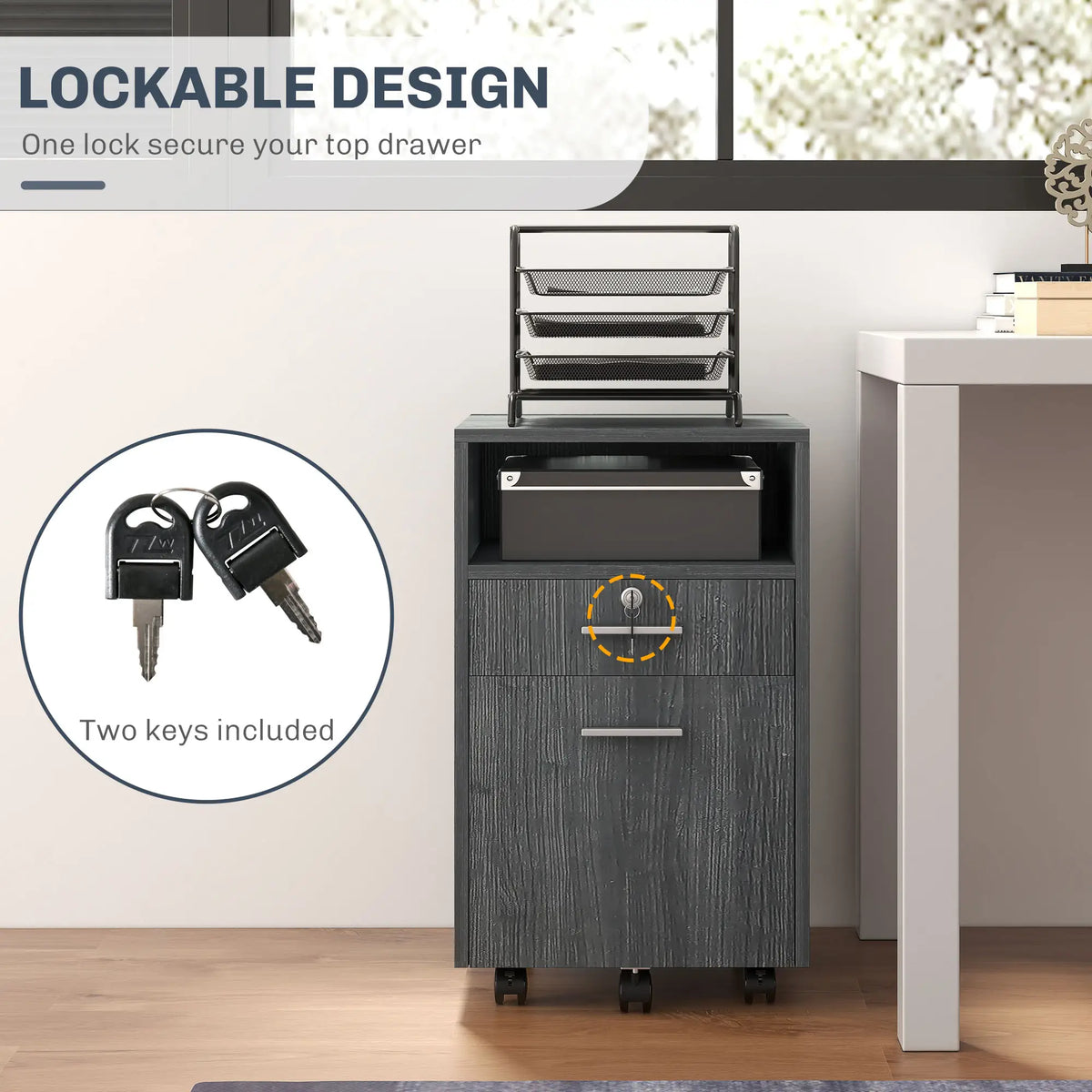 Small 2-Drawer Filing Cabinet, Lockable, On Wheels, Grey Office Cabinets & Cupboards at Gallery Canada