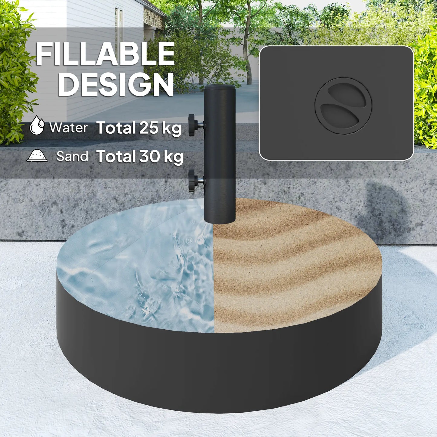 Heavy Duty Outdoor Umbrella Stand Base, Sand Water Filled, Φ22" x 15.7" H, Black Umbrella Bases at Gallery Canada