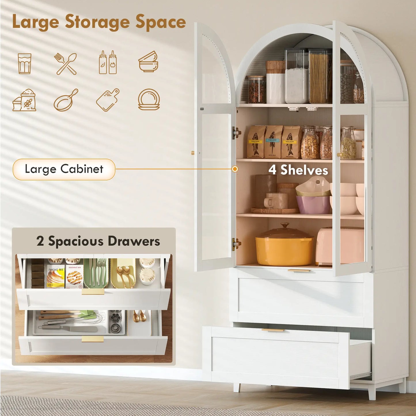 71" Tall White Arched Kitchen Pantry Cabinet, Shelves, 2 Drawers, Acrylic Doors, White Kitchen Pantry Cabinets at Gallery Canada