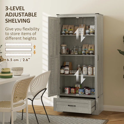 72" Farmhouse Pantry Cabinet, Adjustable Shelves, 2 Doors, Distressed, Light Grey Storage Cabinets at Gallery Canada