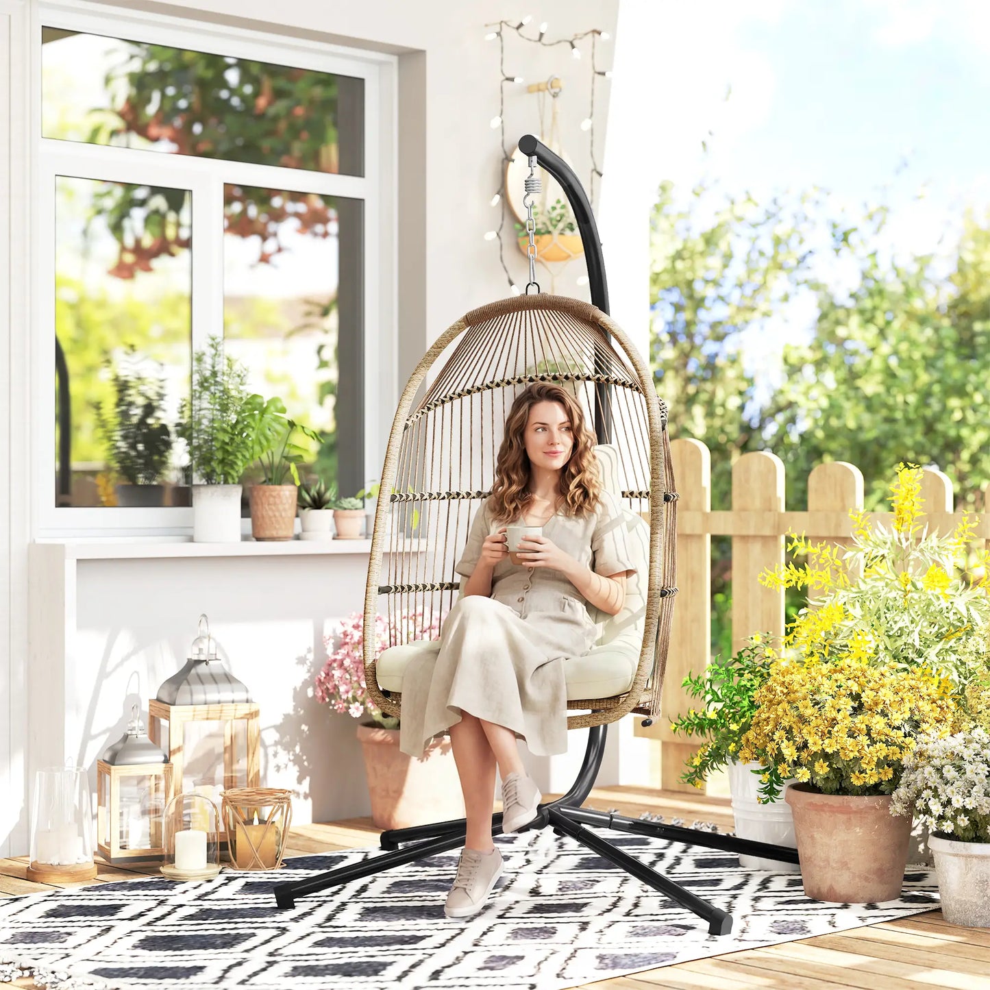 Foldable Wicker Egg Swing Chair, With Stand And UV Cushion, Beige Patio Chairs at Gallery Canada