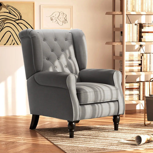 Fabric Accent Chair, Button Tufted, Wood Legs, Thick Padding, Charcoal Grey