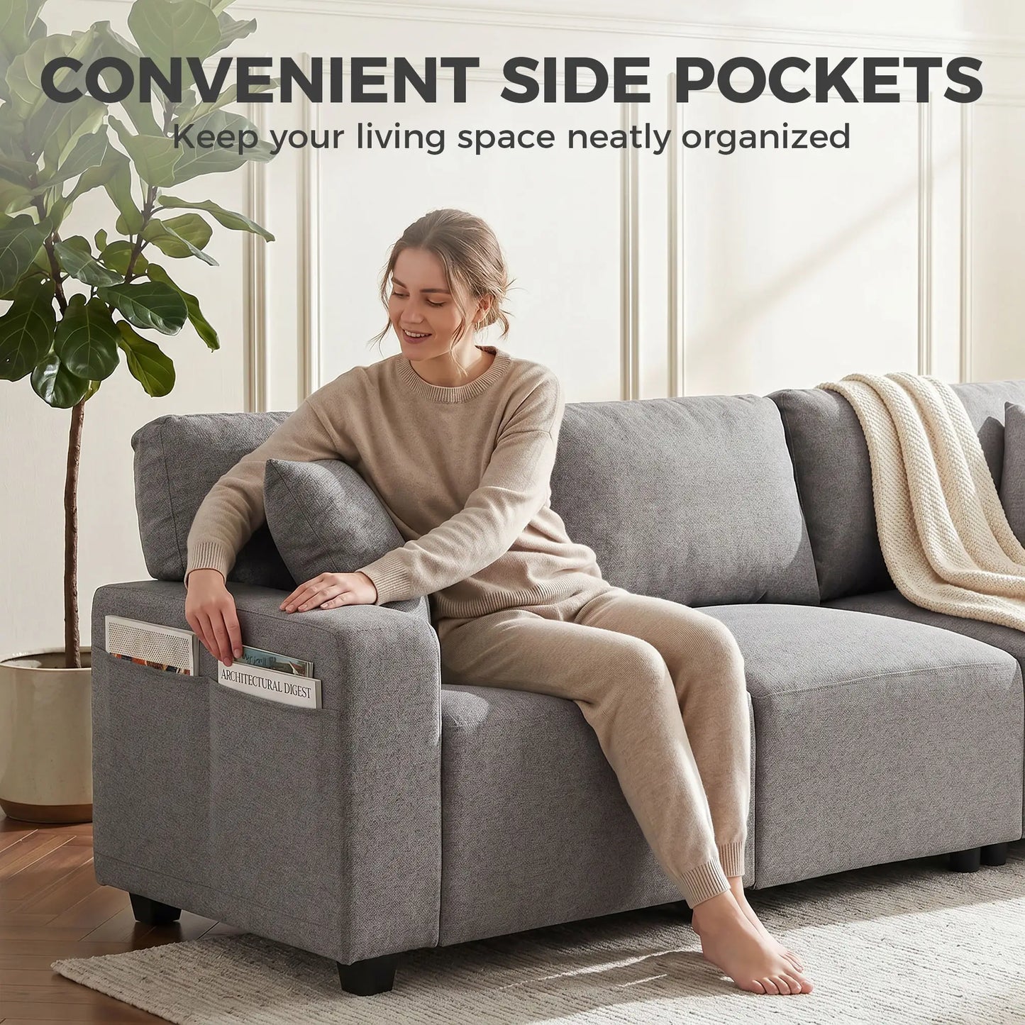 3-Seater Sofa With Storage Pockets, Grey 3-Seater Sofas at Gallery Canada