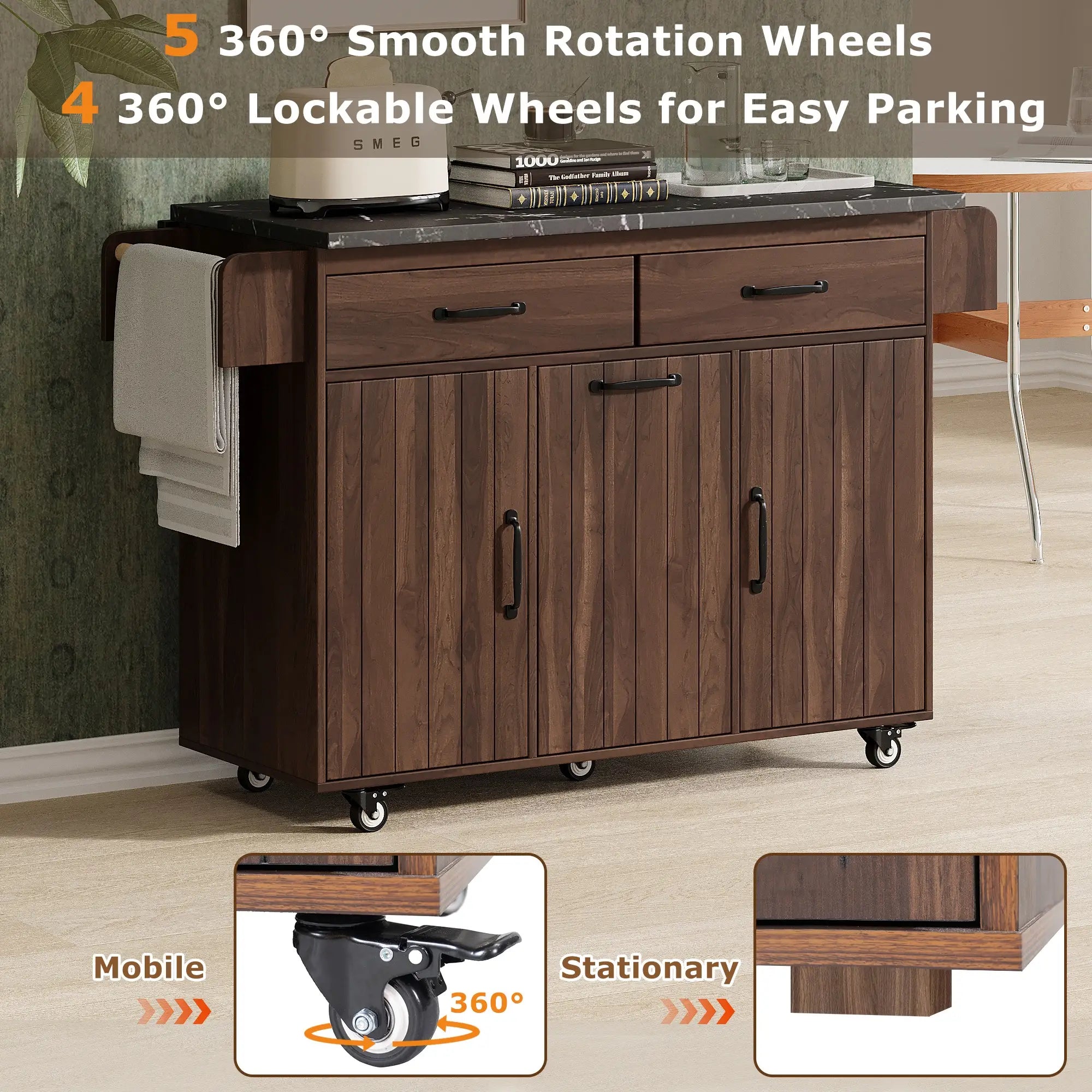 Adjustable Shelf Island, Trash Cabinet, Spice Rack, 51