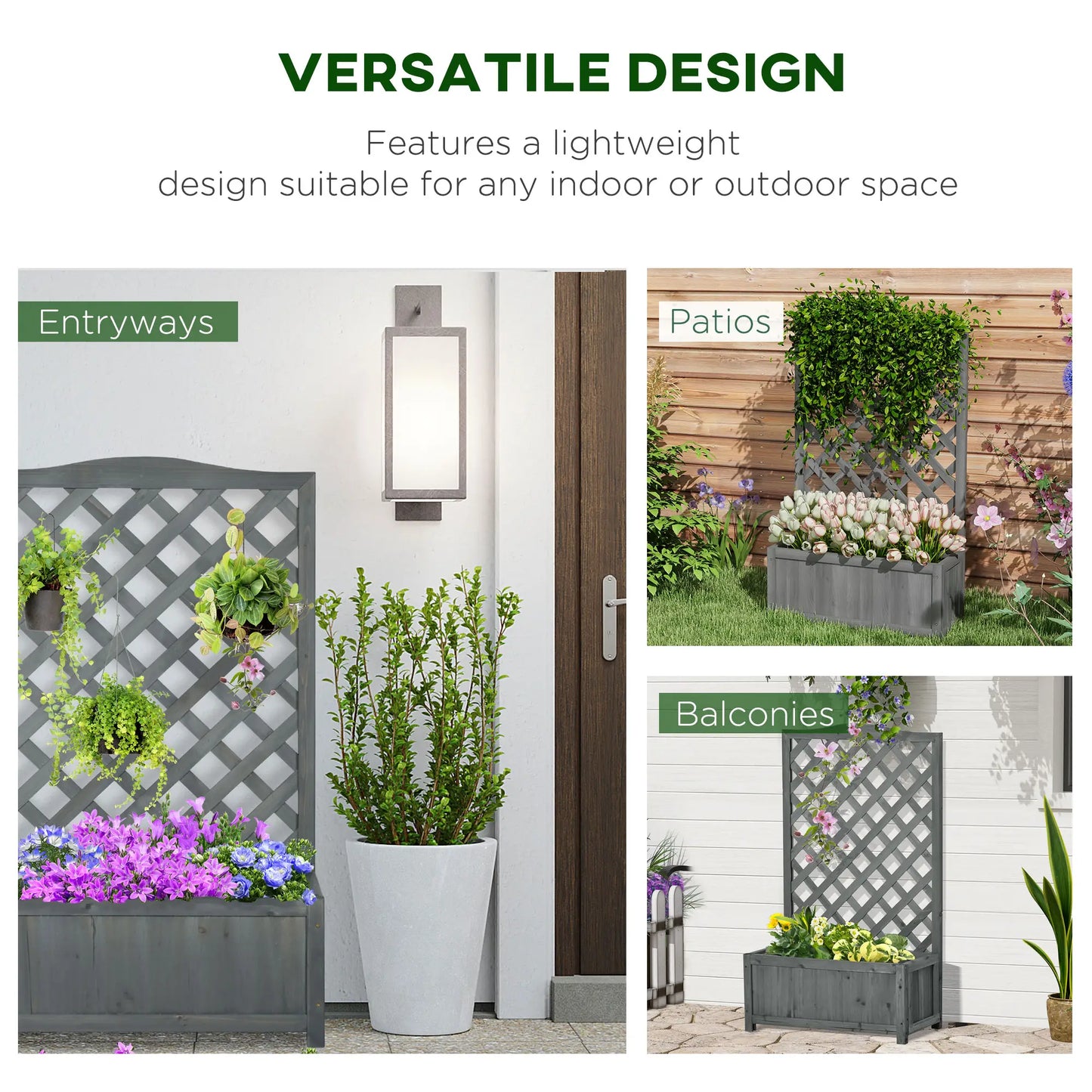 Wood Planter With Trellis, Raised Garden Bed, 28" x 11" x 46", Grey Wooden Planter Boxes at Gallery Canada