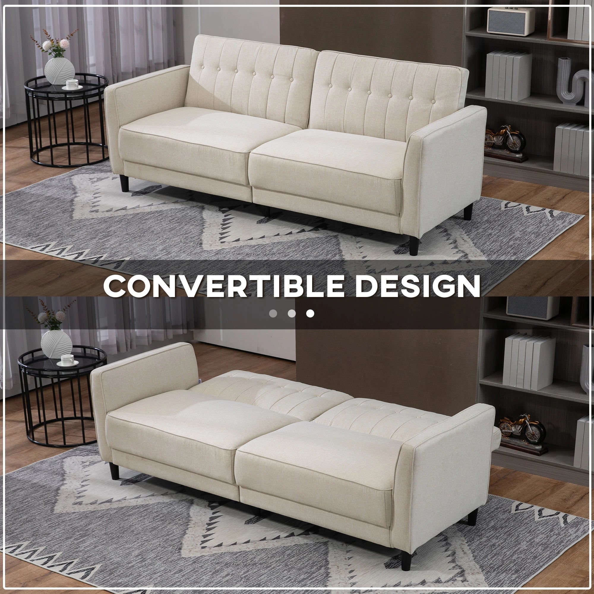 Convertible Bed, Button Tufted Fabric Sofa Bed, Adjustable Back, Beige 2-Seater Sofas at Gallery Canada