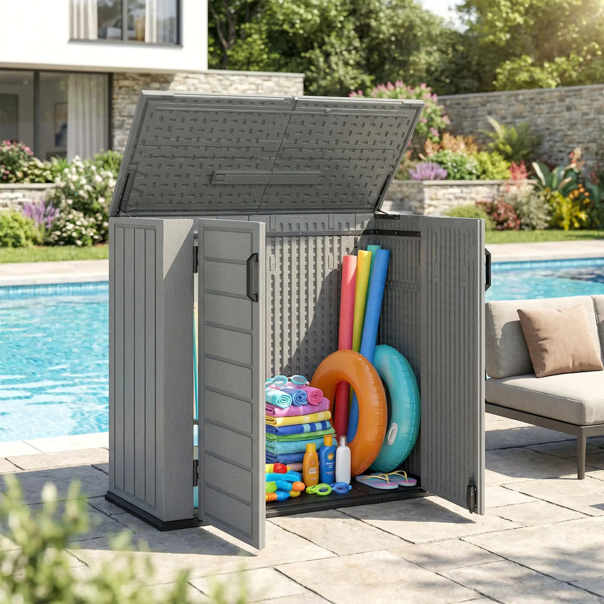 33 Cu.ft Plastic Outdoor Storage Shed, Lockable Doors, Light Grey