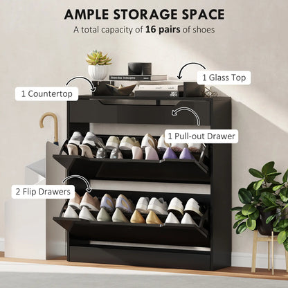 High Gloss Shoe Cabinet, 2 Flip Drawers, Adjustable Shelves, Black, Black Storage Cabinets at Gallery Canada